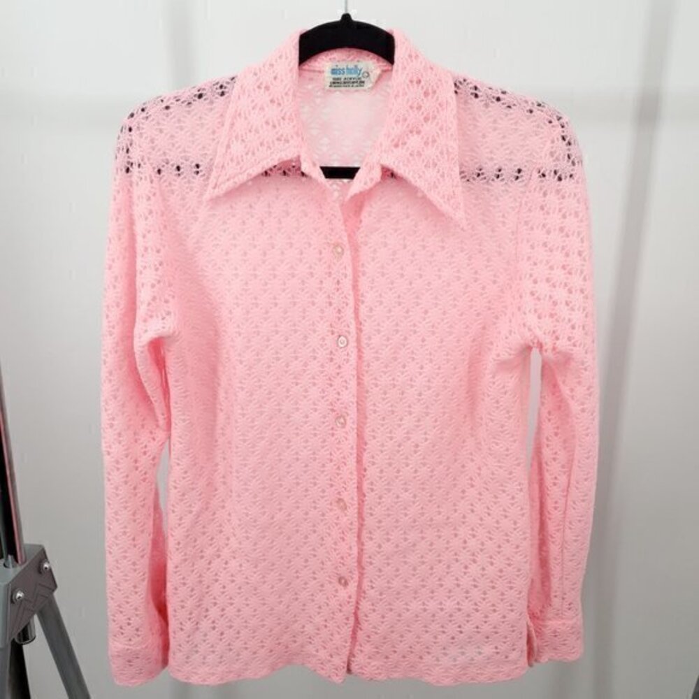 VTG 60s/70s Pink Open-Knit Button Shirt W/Dagger Collar M/L Halloween Disco Mod
